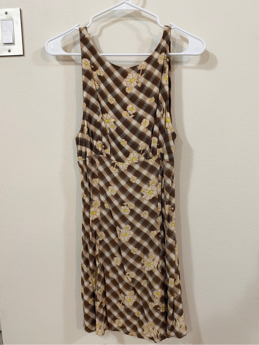 Kimchi Blue Brown Plaid Midi Dress with Yellow Floral Print